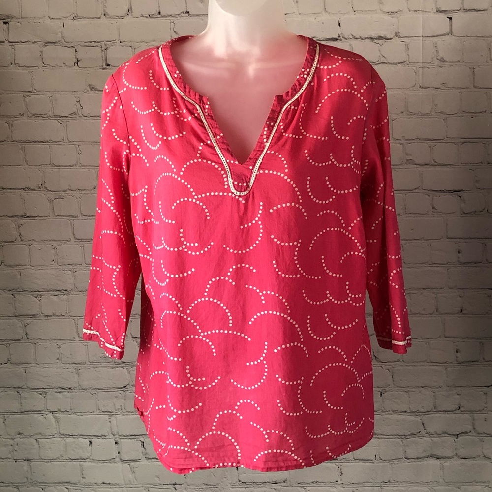 SHIRT - Women's Boden 100% cotton crinkle fabric pink and white tunic. Size 10